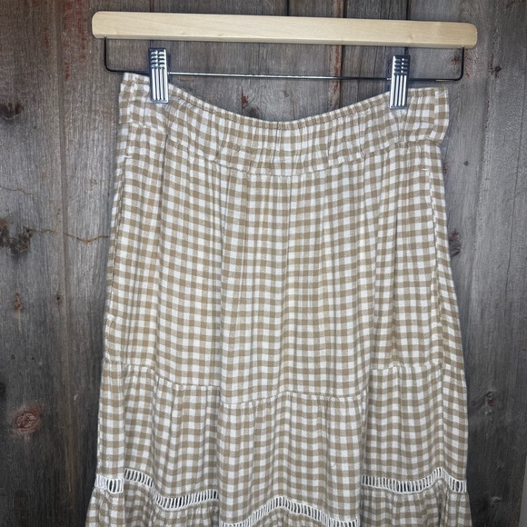 Madewell Gingham Tiered Linen Blend Maxi Skirt Tan Cream XS - Picture 4 of 11